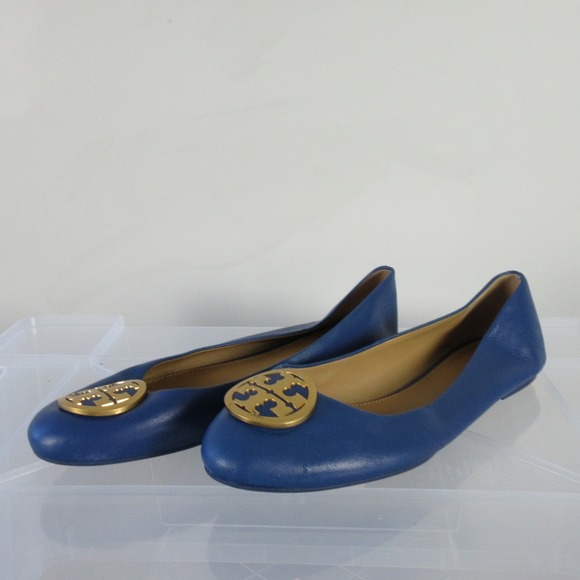 Tory Burch Ballet Flats Women 9.5 Blue Leather Logo Medallion Designer Chic 386 - Picture 1 of 14